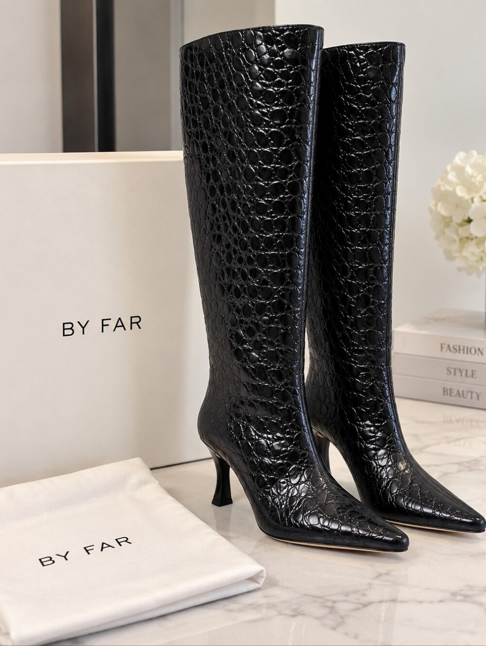 BY FAR Black Croc Embossed Leather Knee High Boots EU 38 NWT
